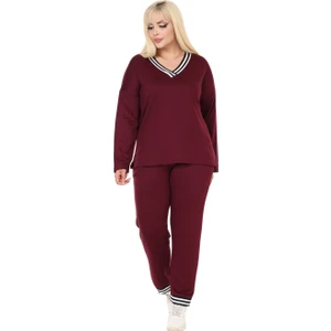 Butik Bordo V Yaka Yakası Şerit Detaylı Eşofman Takımı