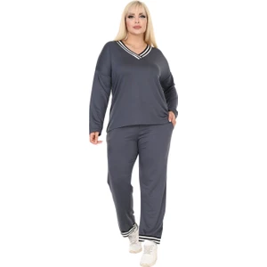 Butik Antrasit V Yaka Yakası Şerit Detaylı Eşofman Takımı