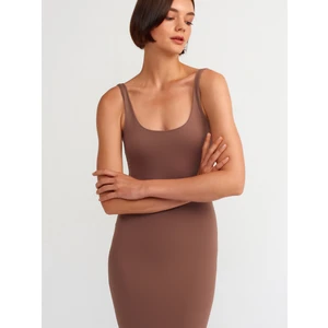 91200 U Yaka Poliamid Midi Elbise-S.kahve