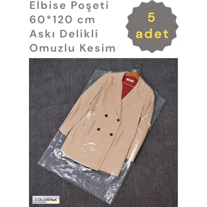 Elbise Poşeti (60*120 CM) Askı Delikli Omuzlu Kesim (5 ADET) Şeffaf Kıyafet Koruma Hurç Kılıf Naylon