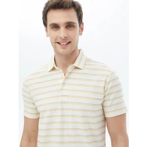 Ekru Çizgili Polo Yaka Pamuk Karışımlı T-Shirt
