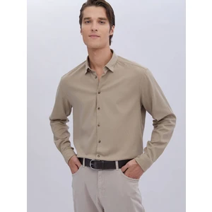 Bej Düz Regular Fit Dokuma Casual Pamuk Karışımlı Gömlek