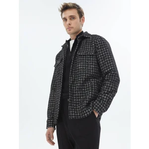 Siyah Kareli Regular Fit Dokuma Yün Karışımlı Overshırt