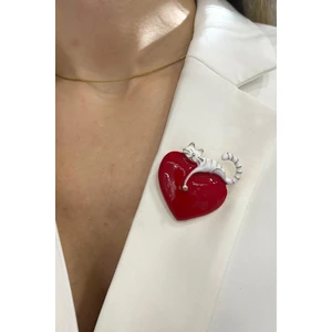 Kırmızı Kalp Yatan Kedi Broş (En:4cm Boy:3,5cm)