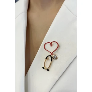 Doktor-Hemşire Kırmızı Kalp Mineli Seteskop Broş (4cm)