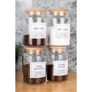 Moda Ozy 4lü 800ML Ahşap Kapaklı Türk Kahvesi&filtre Kahve&nescafe&süttozu Etiketli Kavanoz Cam Saklama Kabı