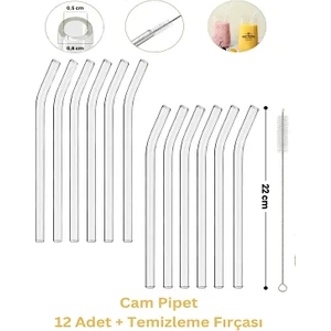 12'li Şeffaf Cam Pipet ve Temizleme Fırçası Seti 20 cm Uzunlukta Dayanıklı Kullanım İçin