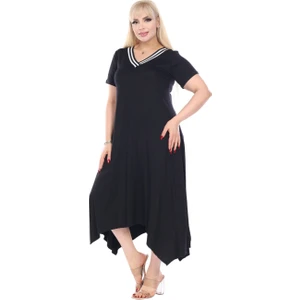 Butik Siyah V Yaka Yakası Şeritli Asimetrik Kısa Kollu Elbise