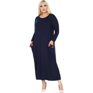Butik Püsküllü Cepli Kadın Uzun Kollu Lacivert Tesettür Elbise