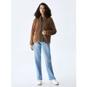 Düz Dik Yaka Fermuarlı Regular Fit Kahve Rengi Hırka