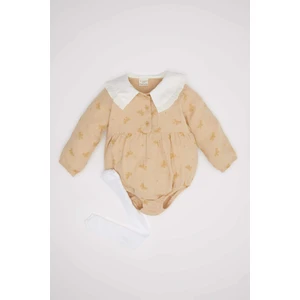 Kız Bebek Yenidoğan 2'li Takım Kelebek Desenli Müslin Çıtçıtlı Uzun Kollu Tulum Külotlu Çorap D6119A524HS