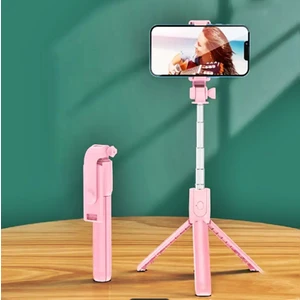 2n1 Telefon Tutucu Pembe Telefon Selfie Çubuğu Ayaklı Tripod Kablosuz Bluetooth Kumandalı