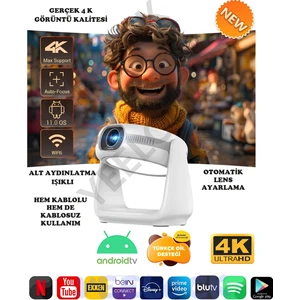 Taşınabilir Sinema Projektörü 4K Şarjlı Bluetooth Android Akıllı Hoparlörlü Işıklı Gerçek 4K