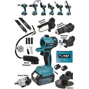 Power Black Kablosuz 6 Lı Pro Set Tilki Kuyruğu Taşlama Somun Sökme Havalı Pompa Şarjlı Matkap Testere Mavi 52