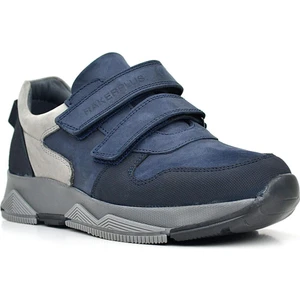 Hakiki Deri Lacivert Cırtlı Gri Tabanlı Çocuk Sneakers Spor Ayakkabı