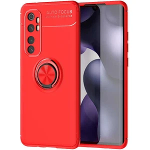 noktaks - Xiaomi Mi Note 10 Lite - Kılıf Yüzüklü Karbon Ravel Silikon Kapak - Kırmızı - T13713