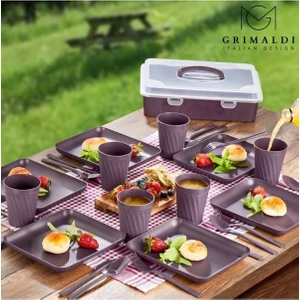 32 Parça Piknik Seti Antrasit Gri Mürdüm Tabak Bardak Kaşık Çatal Bıça