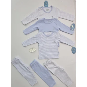 Bebek 3'lü Yumuşacık Pamuklu Çizgili Desenli Pijama Setleri Mavi