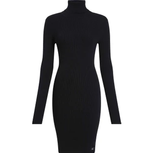 Calvin Klein Jeans Balıkçı Yaka Düz Siyah Kısa Kadın Elbise Woven Label Tıght Sweater Dress