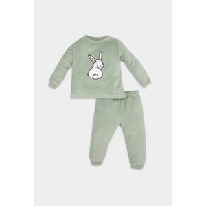 Kız Bebek Pijama Takımı Tavşan Baskılı Velur Uzun Kollu Üst Beli Lastikli Uzun Alt D5381A524WN