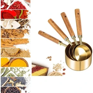 Kitchen Live 4 Adet Büyük Boy Paslanmaz Çelik Ahşap Saplı Ölçü Kaşığı Seti Ölçü Kabı 60ML 80ML 125ML 250ML