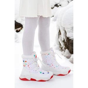 Kiko Kids Bambu Bağcıklı Kız Çocuk Kar Botu Beyaz - Kırmızı