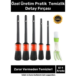 Premium Seri Pratik Islak Kuru Otomobil Oto Araç Araba Klima Temizlik Detay Fırçası 5+1 Set