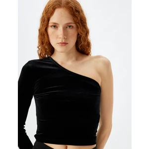 Tek Omuz Crop Kadife Tişört Uzun Kollu Slim Fit