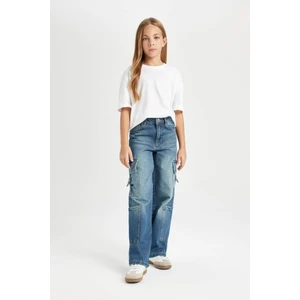 Kız Çocuk Wide Leg Kargo Cepli Geniş Bol Paça Jean Pantolon D7176A824WN