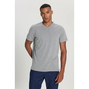 Altınyıldız Classics Erkek Koyu Grı Melanj Pamuklu Slim Fit Dar Kesim V Yaka Tişört
