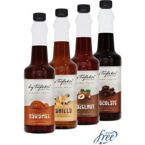By Tüfekçi Gourmet Series (Fındık, Karamel, Vanilya, Çikolata) Aromalı Şekersiz Kokteyl, Pasta ve Kahve Şurubu 4x750 ml Doğal Aroma