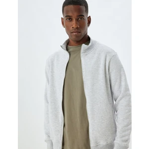 Fermuarlı Sweatshirt Dik Yaka Uzun Kollu Cep Detaylı Şardonlu Pamuk Karışımlı