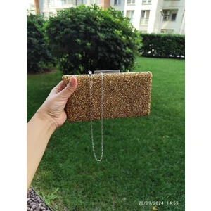 Kutu Model Sarı Gold Taşlı Model Abiye Çanta