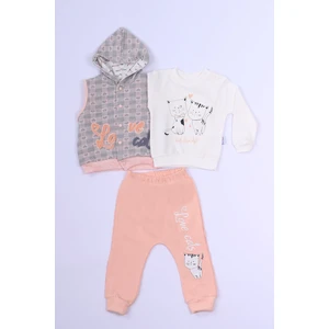 Kız Çocuk 3`lü Takım Kalp Baskılı Kapşonlu Yelekli C1