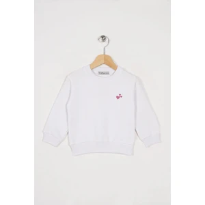 Bisiklet Yaka Uzun Kol Kalp Nakıslı Beyaz Renk Kız Çocuk Sweatshirt