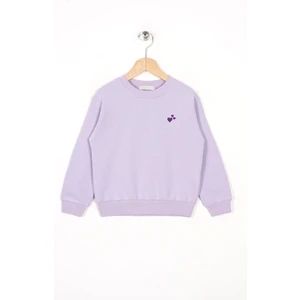 Bisiklet Yaka Uzun Kol Kalp Nakıslı Koyu Lila Renk Kız Çocuk Sweatshirt