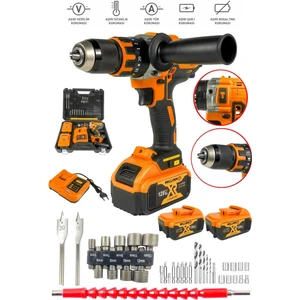 128 V 10 Ah Bakır Sargılı Darbeli Şarjlı Matkap Çift Akülü Metal Şanzıman Vidalama 39 Parça Setli
