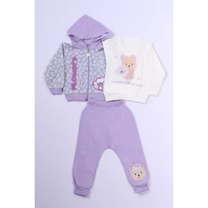 Kız Çocuk 3'lü Takım Ayıcık Baskılı Kapşonlu Fermuarlı B68