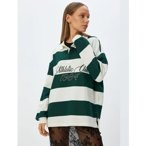 Polo Yaka Sweatshirt Oversize Kolej Baskılı Renk Bloklu Şardonlu