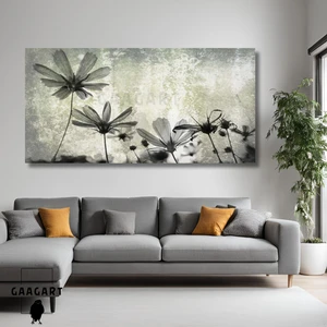Panoramik Kanvas Duvar Tablosu Gri Yeşil Soyut Çiçek Dizaynı