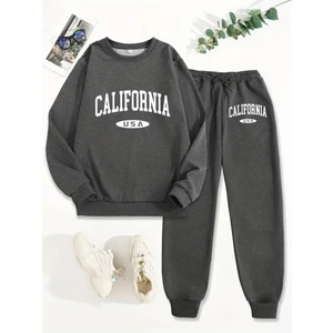 Leone Koleksiyon Kadın Koyu Gri Calıfornıa Yazı Baskı Alt Üst Eşofman Takımı Oversize Bisiklet Yaka