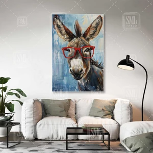SML Tablo Kırmızı Gözlüklü Şirin Eşek Komik Hayvan Dikey Kanvas Tablo