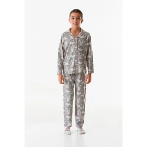 Tavşan Desenli Düğmeli Gömlek Yaka Kız Çocuk Pijama Takımı