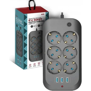 Termal Akım Korumalı Çocuk Korumalı 6'lı 2 mt Uzatma Kablosu 6 x Priz, 3 x USB - Ftr-11