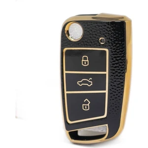Gma Keys Lüx Seat Leon Mk3 Golf 7 ve 7.5 T-Roc 3 Buton Sustalı Anahtar Kılıfı Siyah 1.ci Kalite