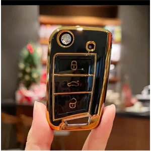 Gma Keys Golf 7 Golf 7,5 Tiguan Polo Uyumlu Lüks Nano Anahtar Koruma Kılıfı Siyah Gold Altın Renk