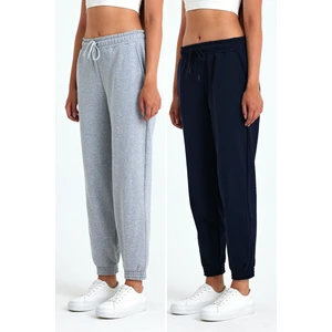 Kadın Siyah-Antrasit Pamuklu Kalın Paçası Lastikli Yüksek Bel Rahat Jogger 2'li Eşofman Altı