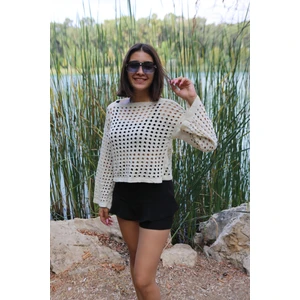 Krem Renk Ajurlu Triko Crop Kadın Bluz