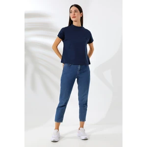 Dik Yaka Pamuklu T-Shirt 19588 Lacivert