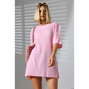 Oversize Yırtmaçlı Raporlu Tunik T-Shirt 21493 Pembe